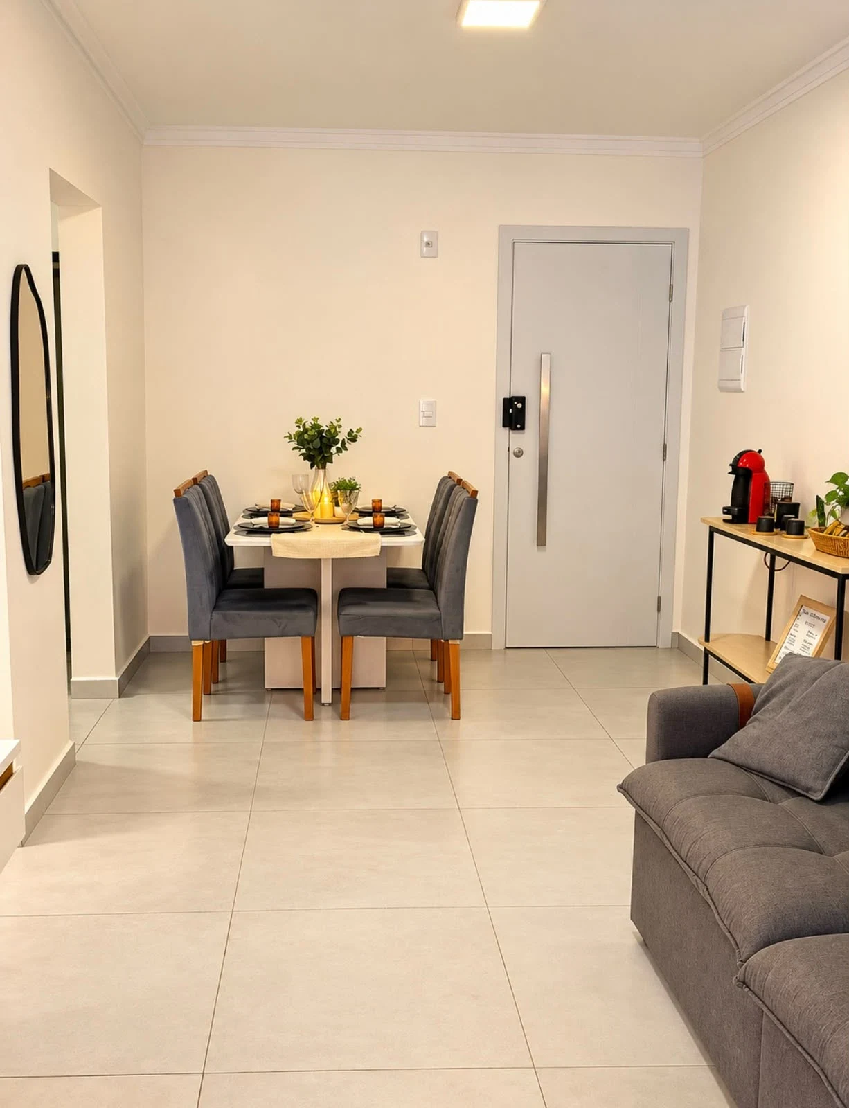 Mesa para quatro, apartamento pé na areia em Praia Grande